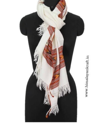 Wool Stole Purely Handloom Embroidered Kullu White-himalayankraft.in