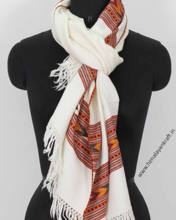Wool Stole Purely Handloom Embroidered Kullu White-himalayankraft.in