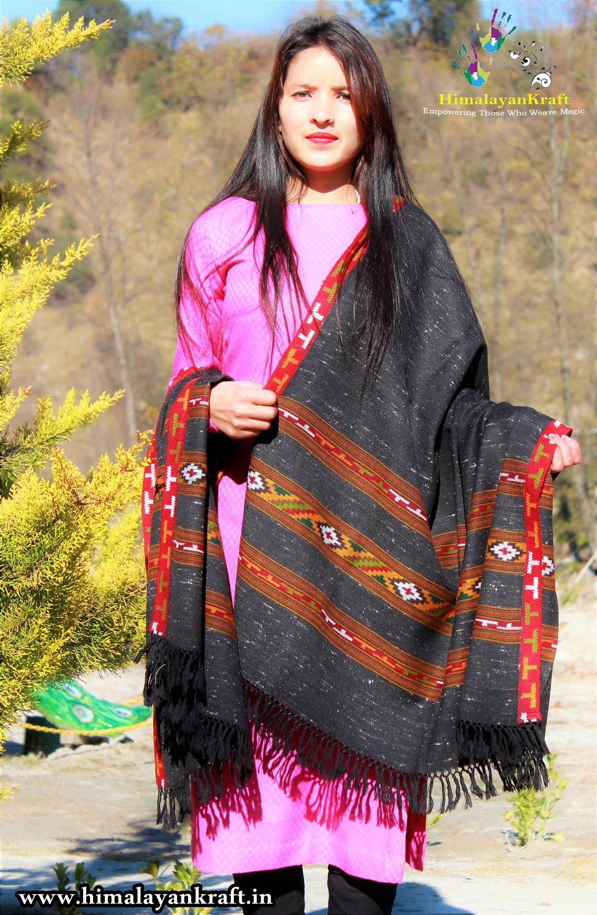 Knitted Woolen Shawl with Border Kullu Handloom (Black