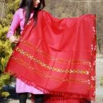 Handwoven Flowered Pure Wool Large Kullu Shawl (Red)-www.himalayankraft.in