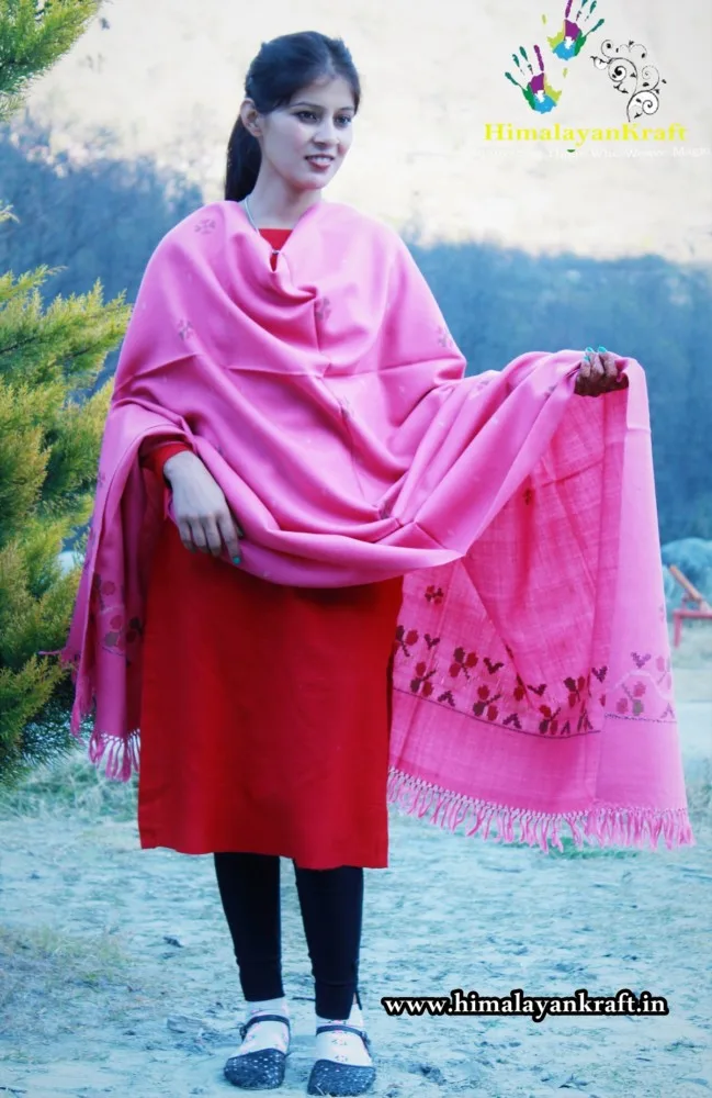 Warm and Soft Pure Wool Kullu Handloom Shawl (Pink)-www.himalayankraft.in