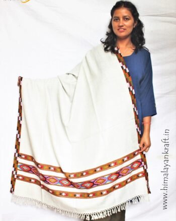 Pure Wool Hand Woven Kullu Design Handloom Shawl - White
