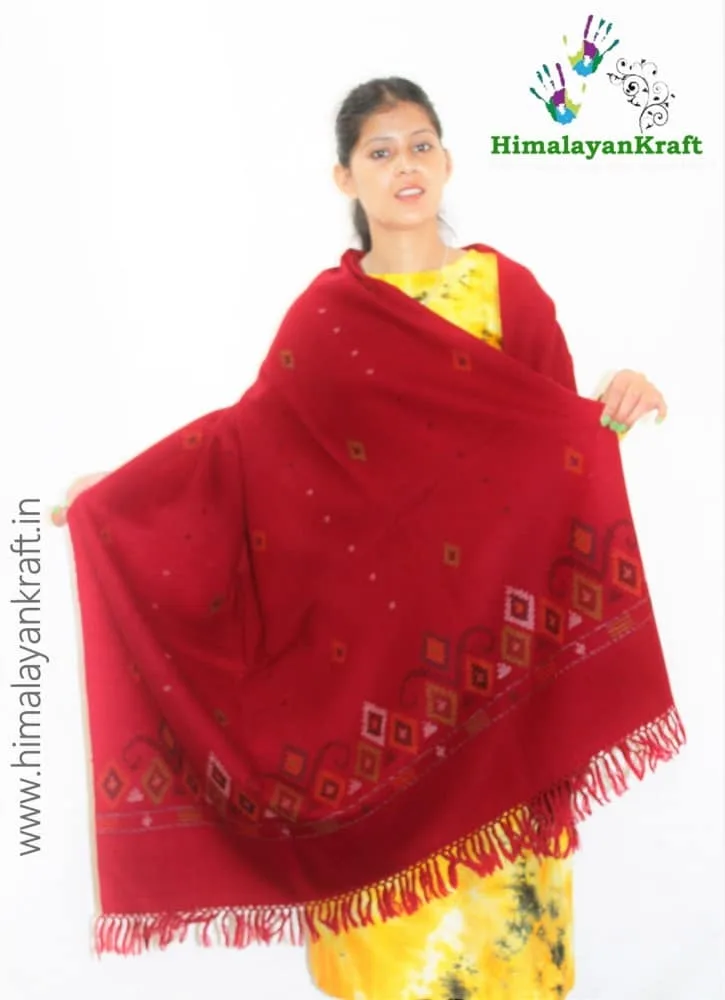 Authentic Kullu Handloom Woven Pure Wool Shawl Red