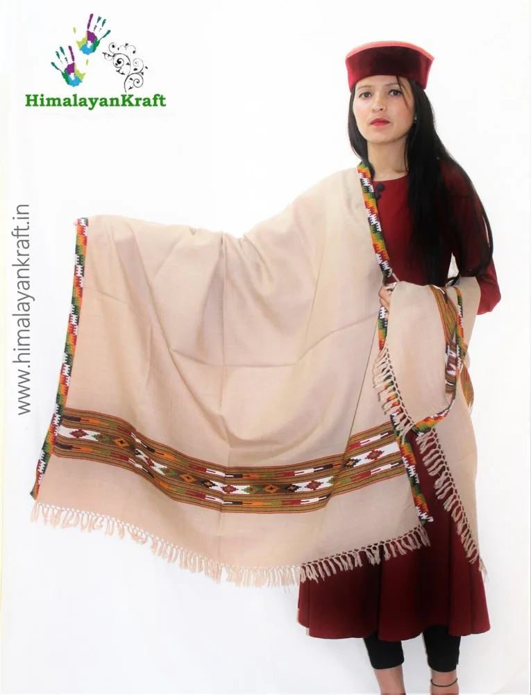 Authentic Kullu Handloom Hand Woven Wool Kullu Shawl - Cream