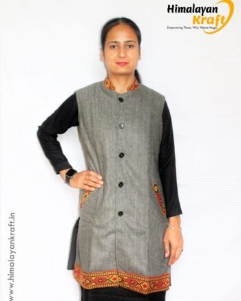 Sleeveless Kullu Design Woolen Winter Long Jacket for Women
