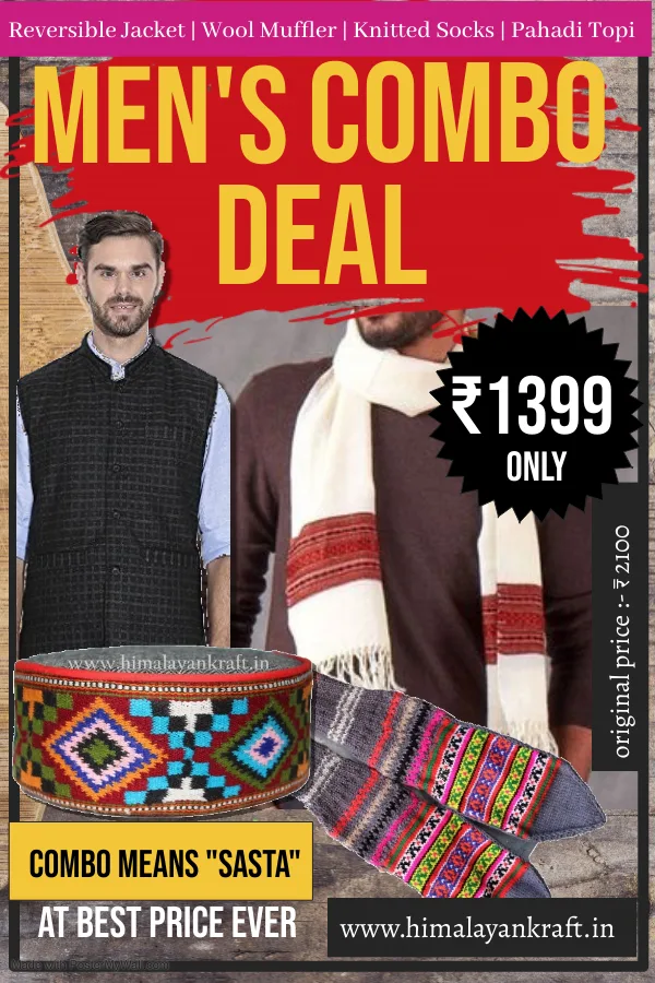 Combo For Men's With Jacket, Muffler, Pahadi Topi & Hand Knitted Socks