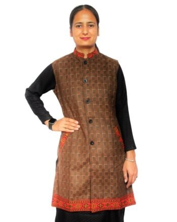 Women Winter Long Jacket with Beautiful Kullu Patti - Brown