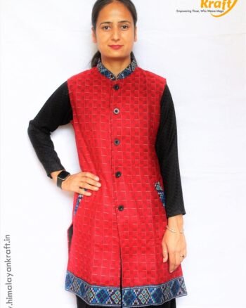 Women Winter Long Jacket with Beautiful Kullu Patti - Red