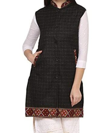 Women Winter Long Jacket with Beautiful Kullu Patti-Black