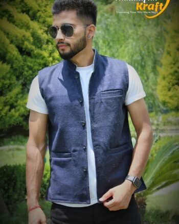 Nehru Half Men's Tweed Wool Jacket - Blue