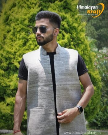 Local Sheep Wool Nehru Jacket For Men's - White Grey