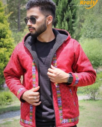 Woolen Comfy Kullu Design Pahadi Zipper Hoodie - Red
