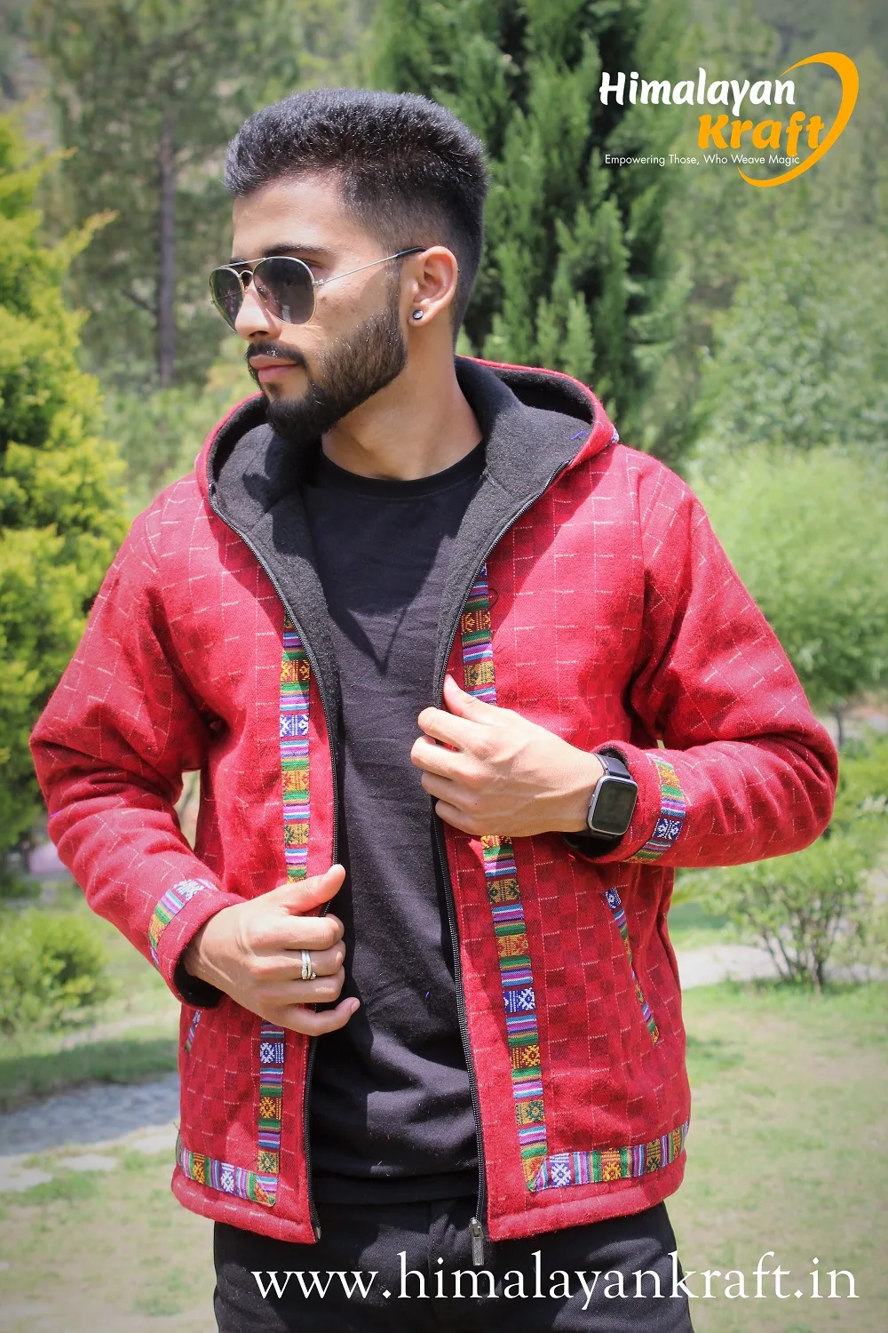 Woolen Comfy Kullu Design Pahadi Zipper Hoodie - Red