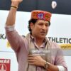 DHARAMSALA, INDIA - MAY 4: Sachin Tendulkar wearing traditional Himachali cap during the launch ceremony of Star Khel Mahakumbh at International Cricket Stadium on May 4, 2018 in Dharamshala, India. The event aims to attract participation of at least one lakh youth from Thakur's Hamirpur constituency. The athletes will compete in volleyball, basketball, cricket, football, kabaddi and athletics. (Photo by Shyam Sharma/Hindustan Times via Getty Images)