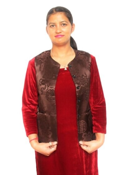Sleeveless Brocade Short Jacket/Sadri For Ladies - Brown