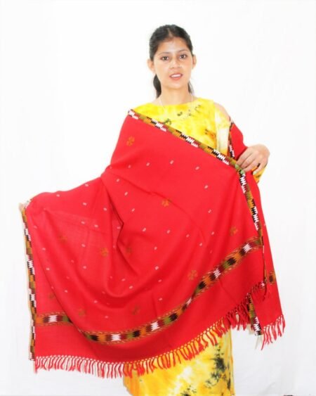 Red Traditional Design Wool Kullu Shawl