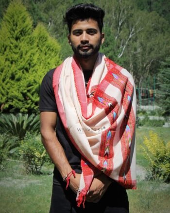 Kullu Inspired Wool Stole with Ethnic Motifs - White