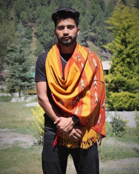 Vibrant Yellow Kullu Pattern Men's Wool Stole Scarf