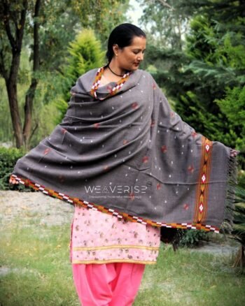 Authentic Kullu Traditional Design Grey Shawl - Fine Wool