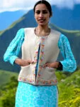 Himachal Sadri Jacket Half Jacket Pahadi Jacket – Embroidery and Kadai Work-Cream