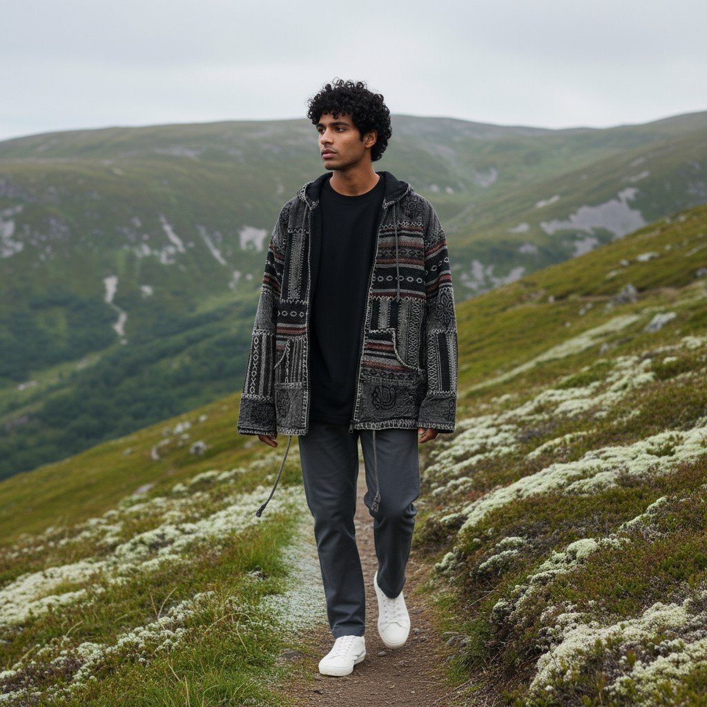 Black & Grey Pahadi Boho Patchwork Hoodie – Handmade Nepali Fleece Lined Jacket by Himalayankraft 2 Handmade black and grey Pahadi Boho patchwork hoodie with fleece lining – Nepali cotton winter jacket by Himalayankraft