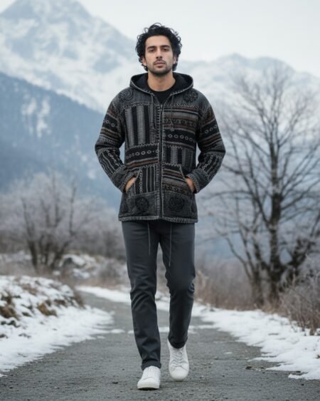Handmade black and grey Pahadi Boho patchwork hoodie with fleece lining – Nepali cotton winter jacket by Himalayankraft