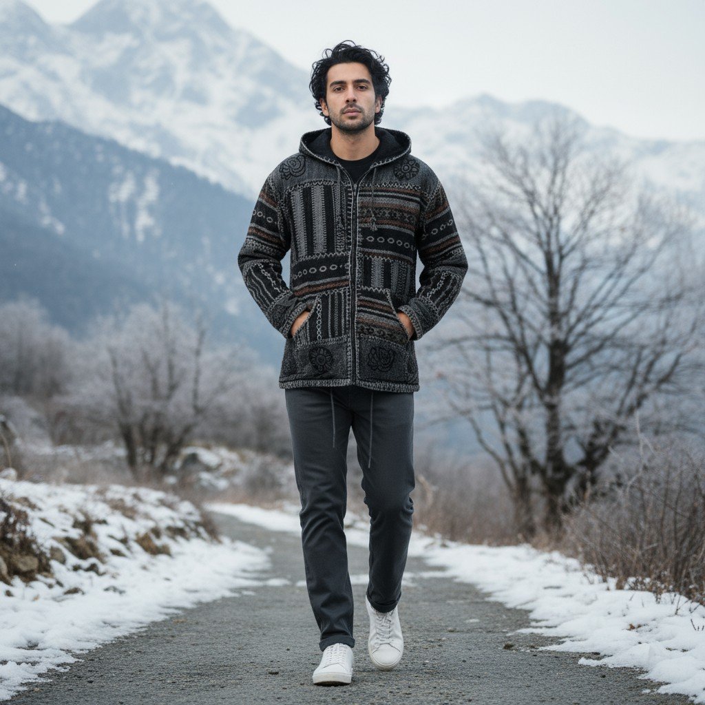 Black & Grey Pahadi Boho Patchwork Hoodie – Handmade Nepali Fleece Lined Jacket by Himalayankraft 22 Handmade black and grey Pahadi Boho patchwork hoodie with fleece lining – Nepali cotton winter jacket by Himalayankraft