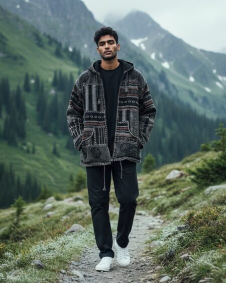 Handmade black and grey Pahadi Boho patchwork hoodie with fleece lining – Nepali cotton winter jacket by Himalayankraft