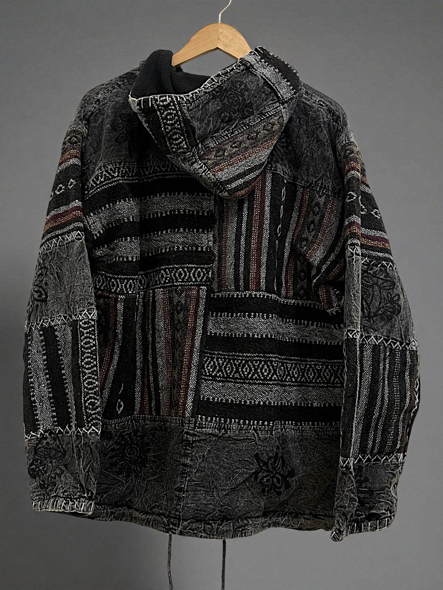 Black & Grey Pahadi Boho Patchwork Hoodie – Handmade Nepali Fleece Lined Jacket by Himalayankraft 6 Handmade black and grey Pahadi Boho patchwork hoodie with fleece lining – Nepali cotton winter jacket by Himalayankraft