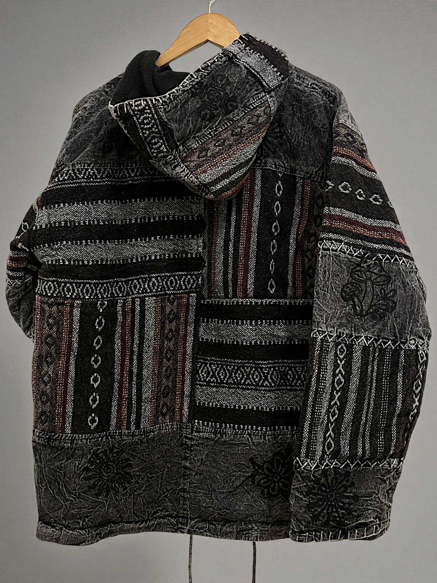 Black & Grey Pahadi Boho Patchwork Hoodie – Handmade Nepali Fleece Lined Jacket by Himalayankraft 7 Handmade black and grey Pahadi Boho patchwork hoodie with fleece lining – Nepali cotton winter jacket by Himalayankraft