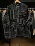 Black & Grey Pahadi Boho Patchwork Hoodie – Handmade Nepali Fleece Lined Jacket by Himalayankraft