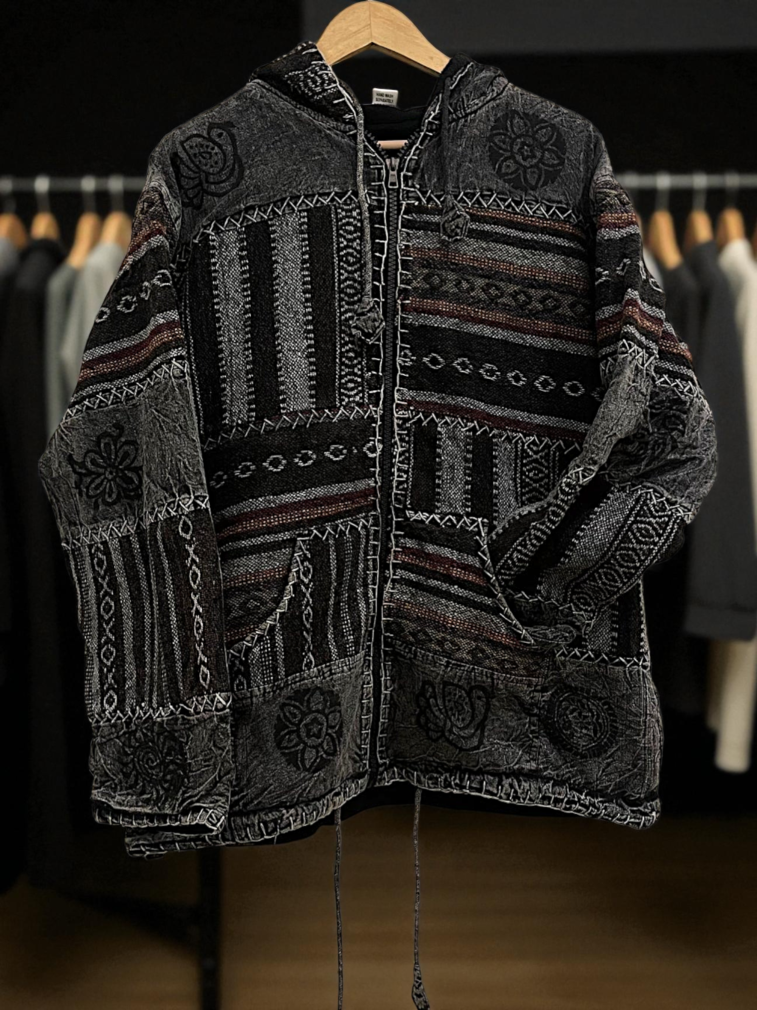 Black & Grey Pahadi Boho Patchwork Hoodie – Handmade Nepali Fleece Lined Jacket by Himalayankraft 9 Handmade black and grey Pahadi Boho patchwork hoodie with fleece lining – Nepali cotton winter jacket by Himalayankraft