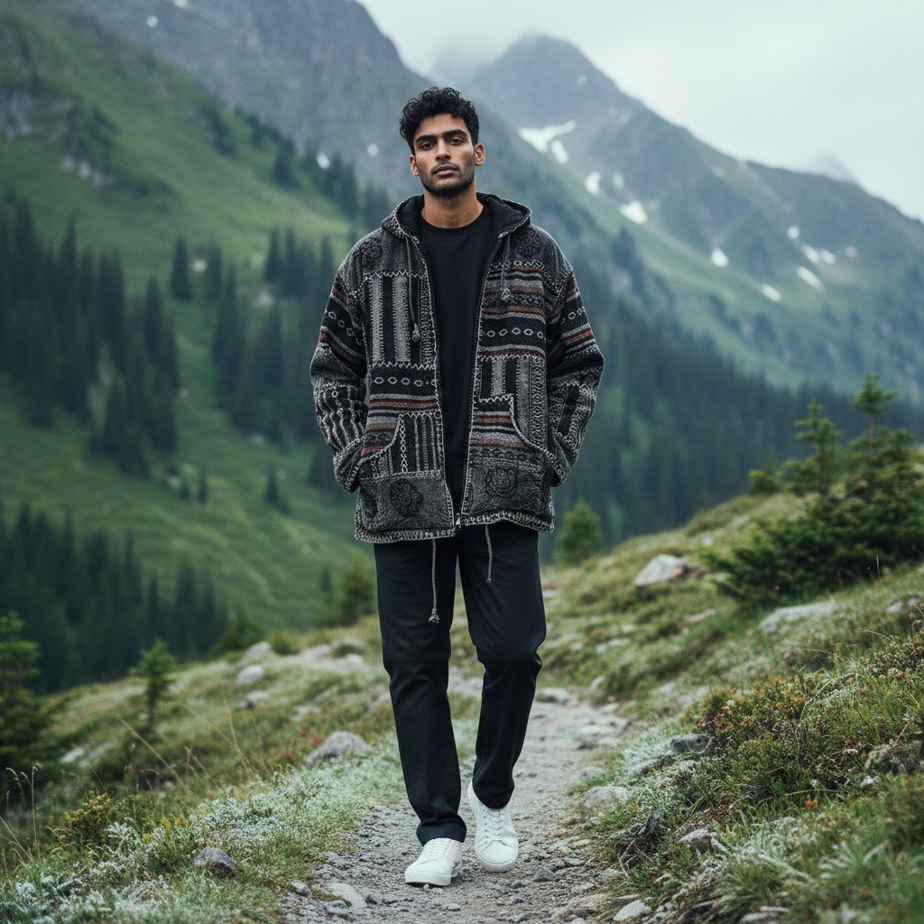 Black & Grey Pahadi Boho Patchwork Hoodie – Handmade Nepali Fleece Lined Jacket by Himalayankraft Handmade black and grey Pahadi Boho patchwork hoodie with fleece lining – Nepali cotton winter jacket by Himalayankraft