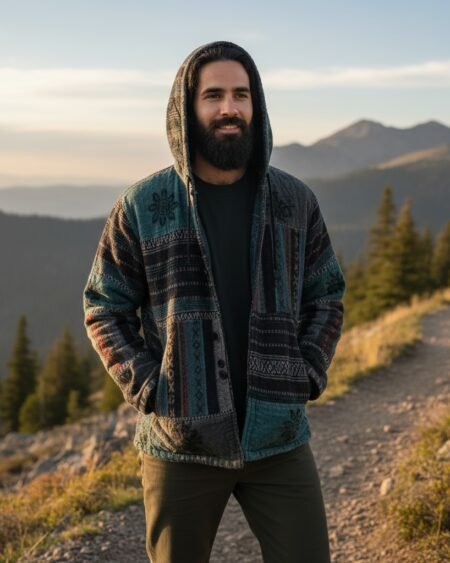 Handmade Blue Grey Himalayan Patchwork Hoodie with fleece lining, boho stonewashed cotton zipper jacket featuring mandala prints by HimalayanKraft