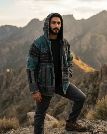 Handmade Blue Grey Himalayan Patchwork Hoodie with fleece lining, boho stonewashed cotton zipper jacket featuring mandala prints by HimalayanKraft