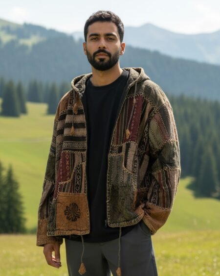 Handmade brown and maroon Pahadi Boho patchwork hoodie with fleece lining – Nepali cotton winter jacket by Himalayankraft