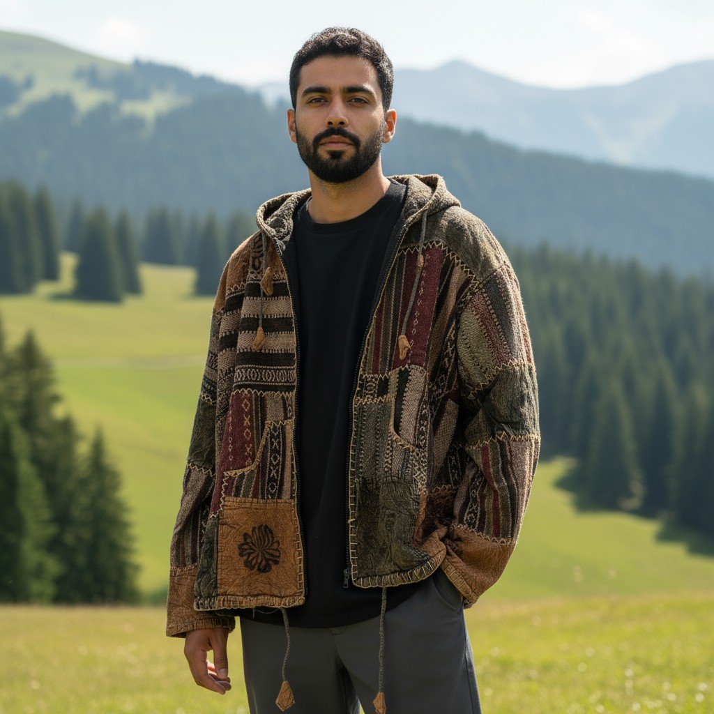 Brown & Maroon Pahadi Patchwork Hoodie – Handmade Nepali Fleece Lined Boho Jacket by Himalayankraft 1 Handmade brown and maroon Pahadi Boho patchwork hoodie with fleece lining – Nepali cotton winter jacket by Himalayankraft