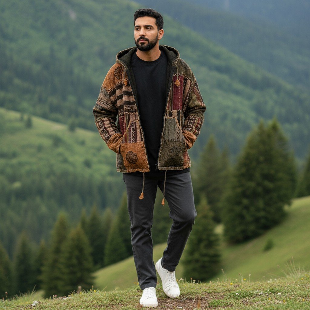 Brown & Maroon Pahadi Patchwork Hoodie – Handmade Nepali Fleece Lined Boho Jacket by Himalayankraft 2