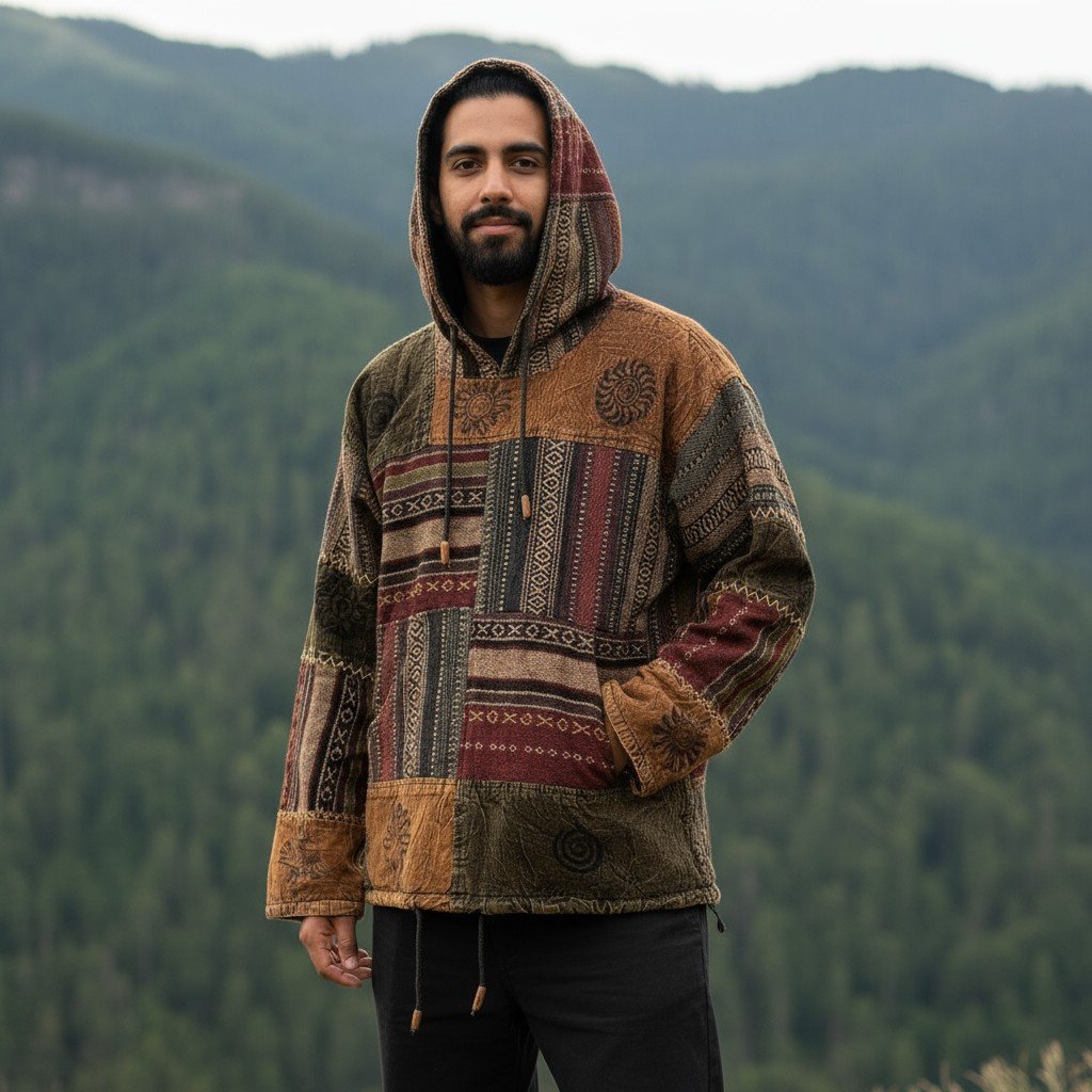 Brown & Maroon Pahadi Patchwork Hoodie – Handmade Nepali Fleece Lined Boho Jacket by Himalayankraft 3 Handmade brown and maroon Pahadi Boho patchwork hoodie with fleece lining – Nepali cotton winter jacket by Himalayankraft