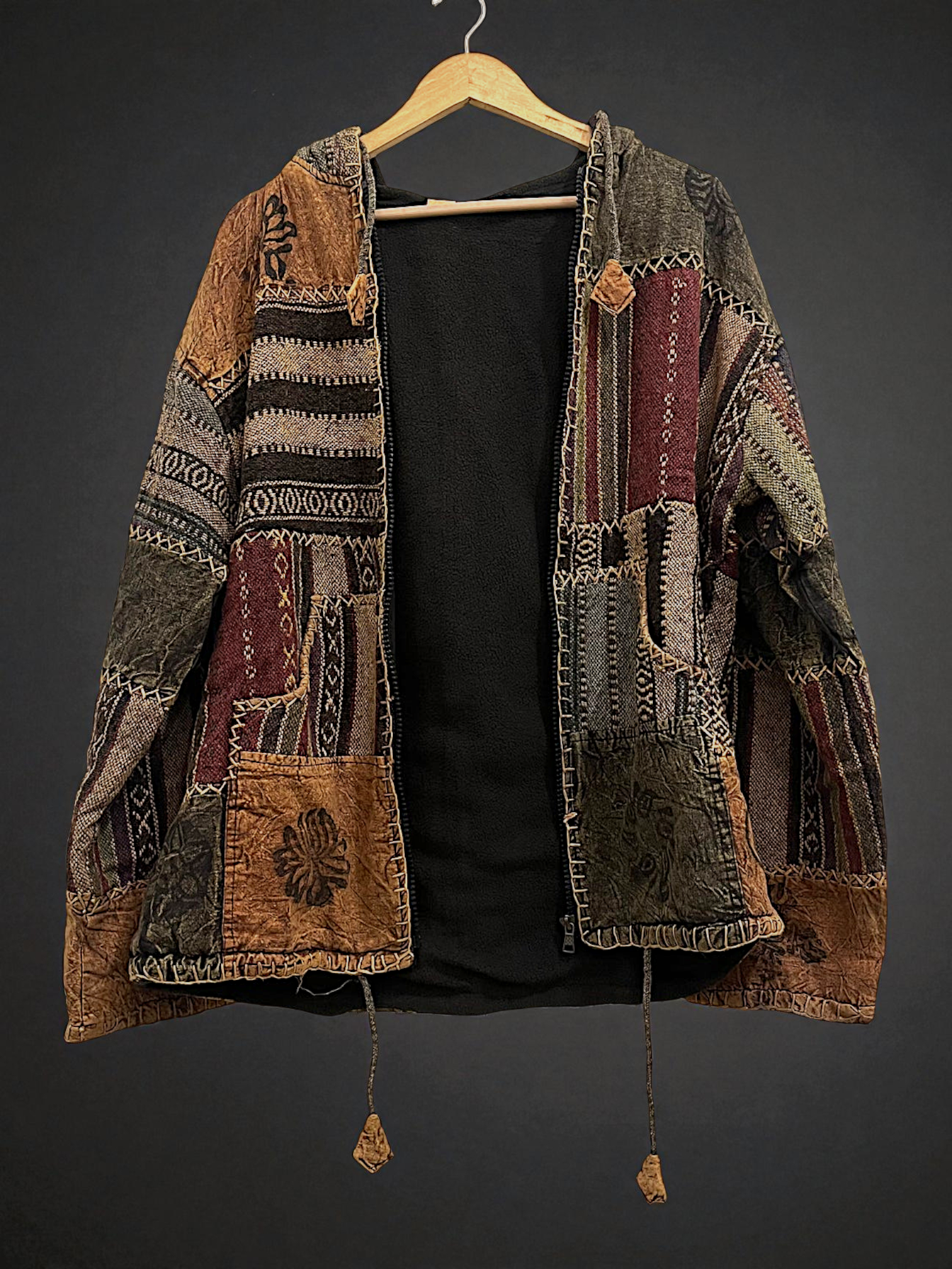 Brown & Maroon Pahadi Patchwork Hoodie – Handmade Nepali Fleece Lined Boho Jacket by Himalayankraft 5 Handmade brown and maroon Pahadi Boho patchwork hoodie with fleece lining – Nepali cotton winter jacket by Himalayankraft