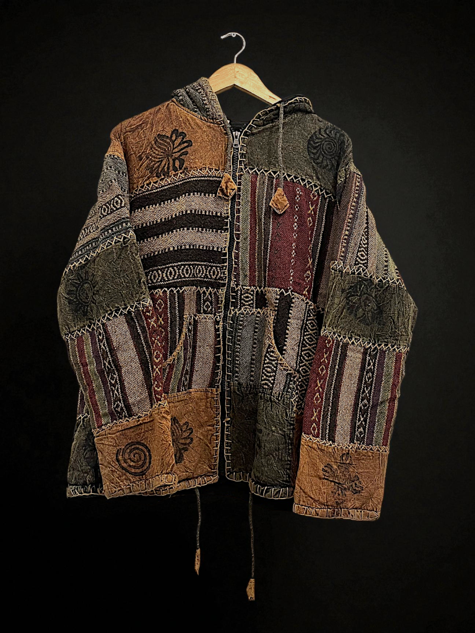 Brown & Maroon Pahadi Patchwork Hoodie – Handmade Nepali Fleece Lined Boho Jacket by Himalayankraft 6 Handmade brown and maroon Pahadi Boho patchwork hoodie with fleece lining – Nepali cotton winter jacket by Himalayankraft