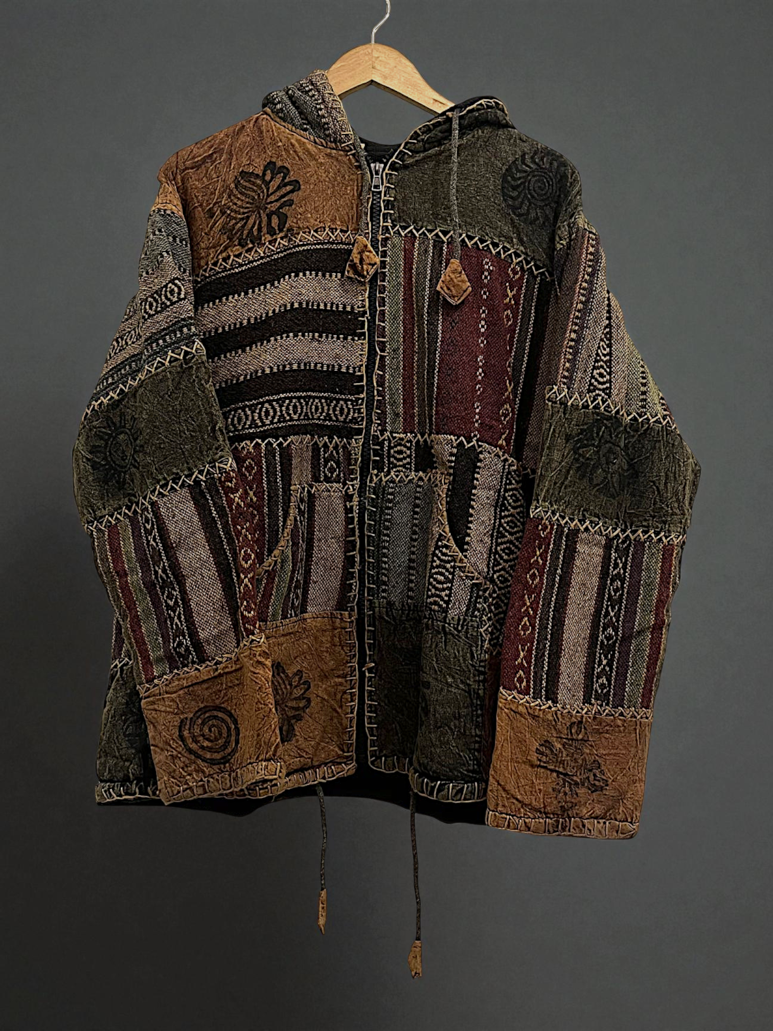 Brown & Maroon Pahadi Patchwork Hoodie – Handmade Nepali Fleece Lined Boho Jacket by Himalayankraft 7 Handmade brown and maroon Pahadi Boho patchwork hoodie with fleece lining – Nepali cotton winter jacket by Himalayankraft