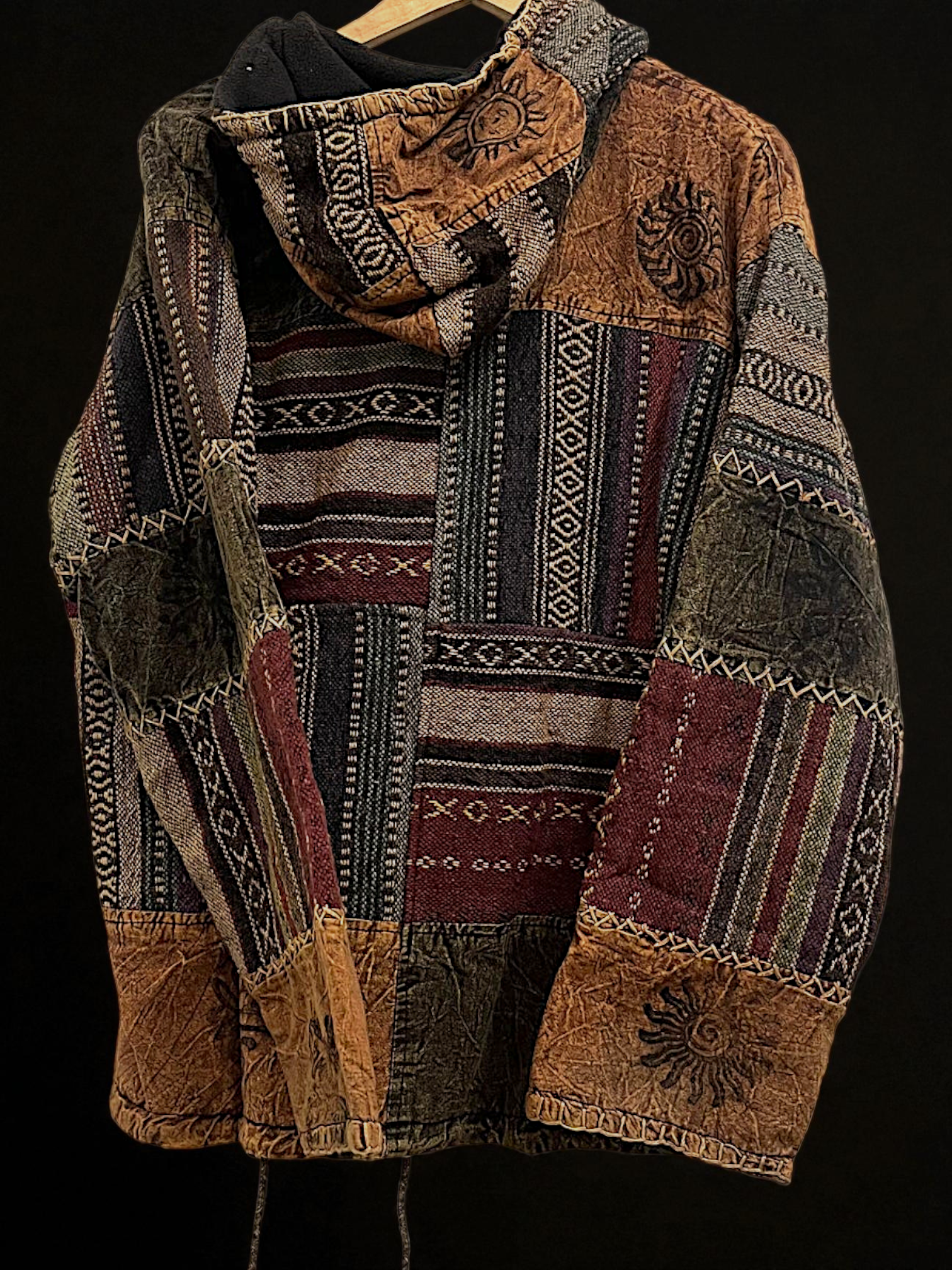 Brown & Maroon Pahadi Patchwork Hoodie – Handmade Nepali Fleece Lined Boho Jacket by Himalayankraft 8 Handmade brown and maroon Pahadi Boho patchwork hoodie with fleece lining – Nepali cotton winter jacket by Himalayankraft