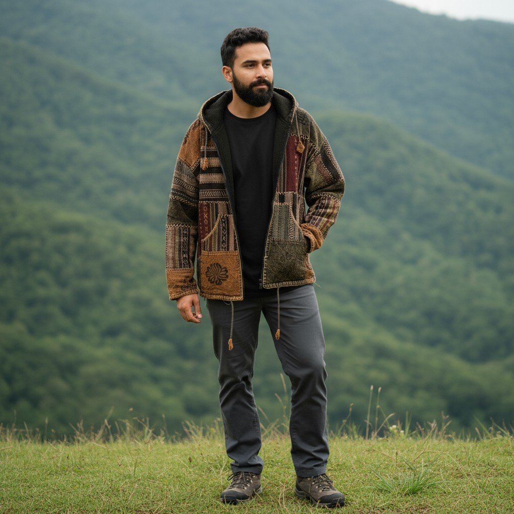 Brown & Maroon Pahadi Patchwork Hoodie – Handmade Nepali Fleece Lined Boho Jacket by Himalayankraft Handmade brown and maroon Pahadi Boho patchwork hoodie with fleece lining – Nepali cotton winter jacket by Himalayankraft