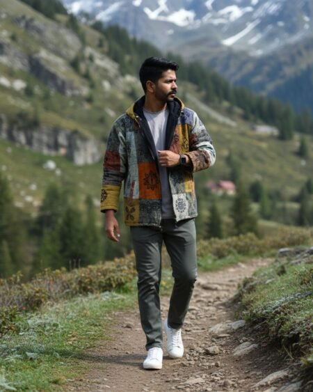 handmade multicolor Pahadi Nepali Boho fleece-lined hoodie jacket