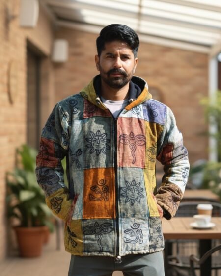 handmade multicolor Pahadi Nepali Boho fleece-lined hoodie jacket
