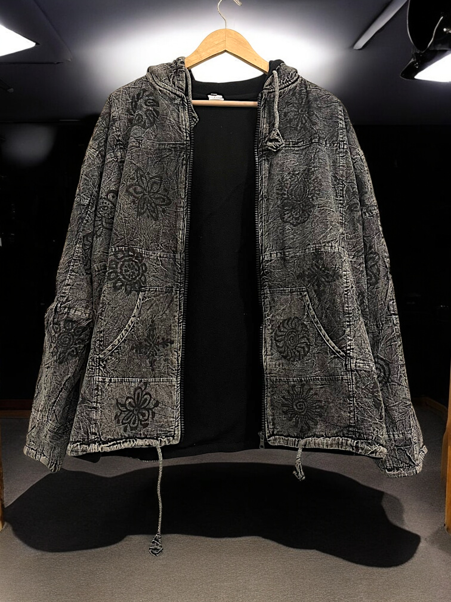 Pahadi Om Patchwork Hoodie – Handmade Boho Nepali Cotton Zipper Jacket by HimalayanKraft 11 Handmade Pahadi Om Patchwork Hoodie in black grey stonewashed cotton, fleece lined, unisex boho Nepali jacket with Om and Mandala prints by HimalayanKraft