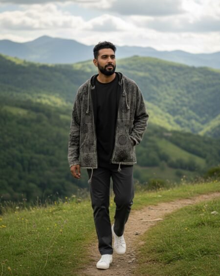 Handmade Pahadi Om Patchwork Hoodie in black grey stonewashed cotton, fleece lined, unisex boho Nepali jacket with Om and Mandala prints by HimalayanKraft