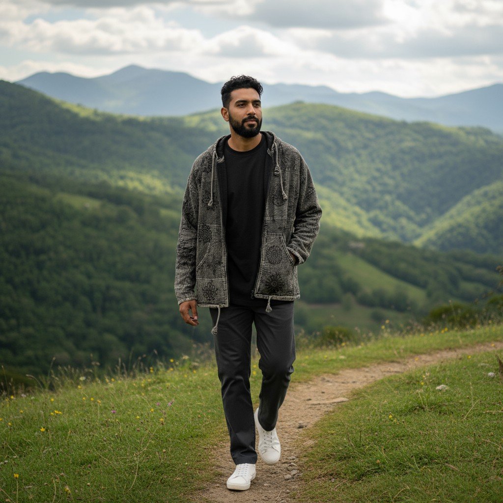 Pahadi Om Patchwork Hoodie – Handmade Boho Nepali Cotton Zipper Jacket by HimalayanKraft 3 Handmade Pahadi Om Patchwork Hoodie in black grey stonewashed cotton, fleece lined, unisex boho Nepali jacket with Om and Mandala prints by HimalayanKraft