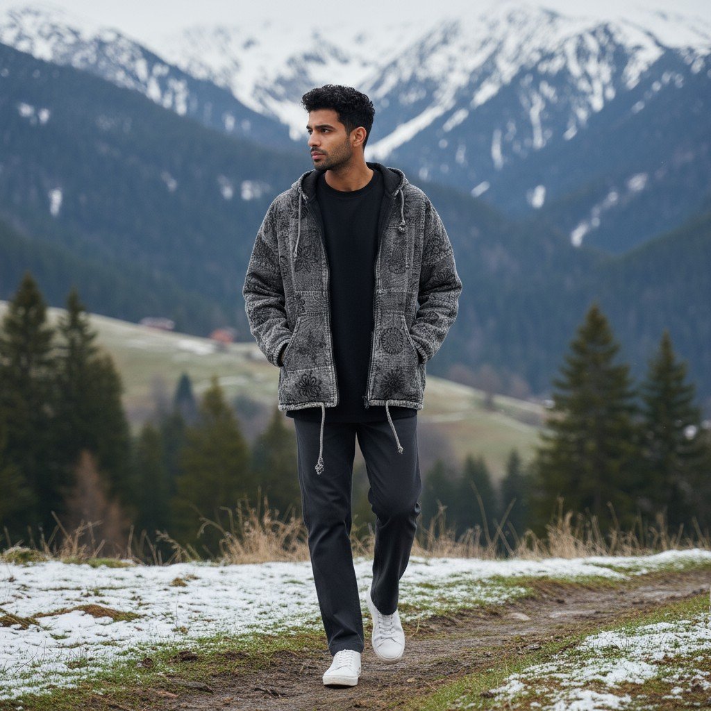 Pahadi Om Patchwork Hoodie – Handmade Boho Nepali Cotton Zipper Jacket by HimalayanKraft 4 Handmade Pahadi Om Patchwork Hoodie in black grey stonewashed cotton, fleece lined, unisex boho Nepali jacket with Om and Mandala prints by HimalayanKraft